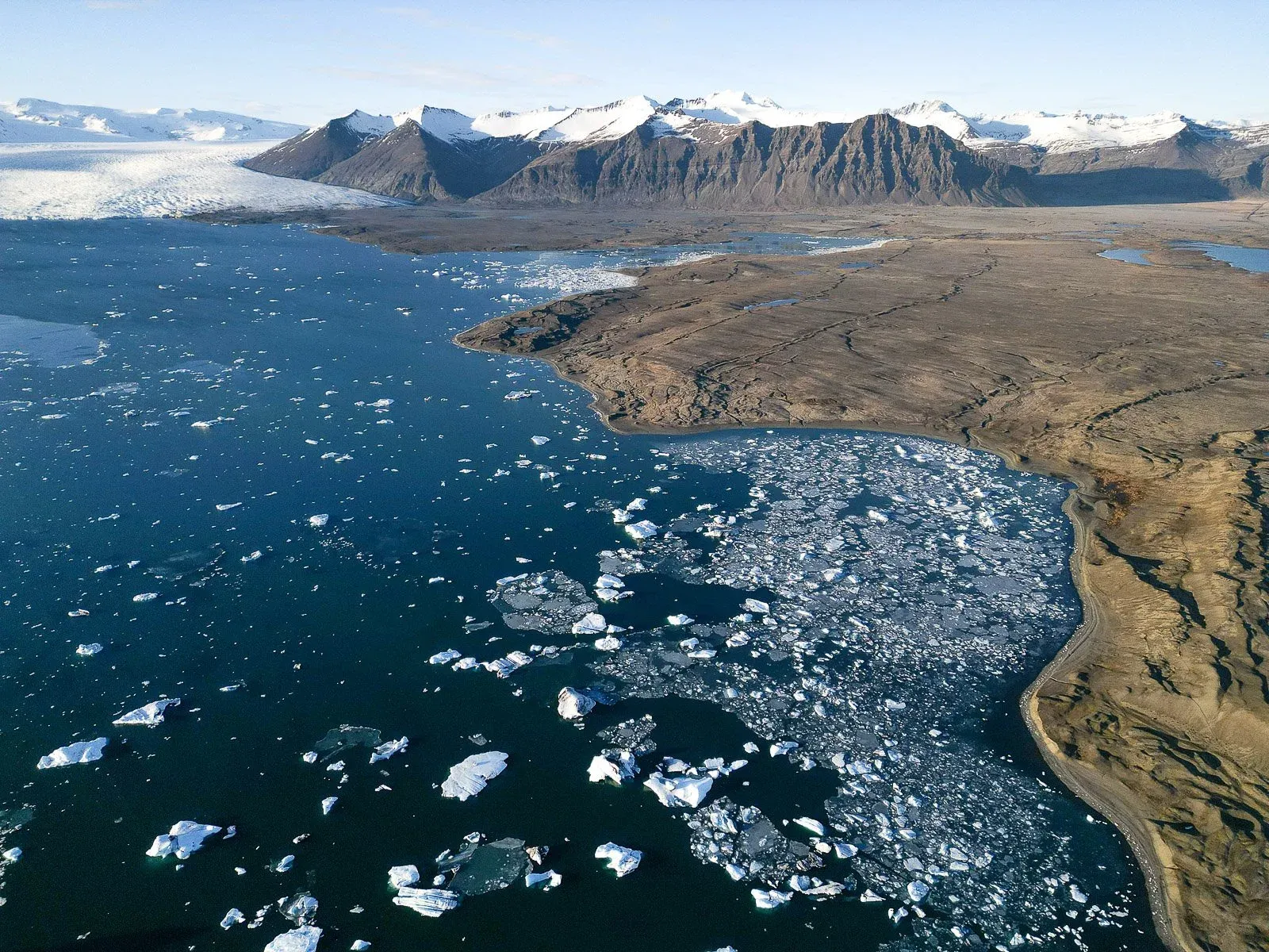 Aerial view of a glacier lagoon on Iceland's South Coast